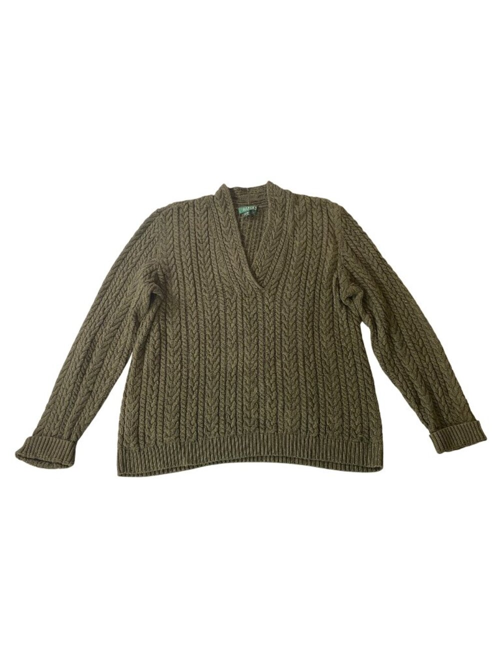 Lauren Ralph Lauren Olive Green Cable Knit V-Neck Sweater